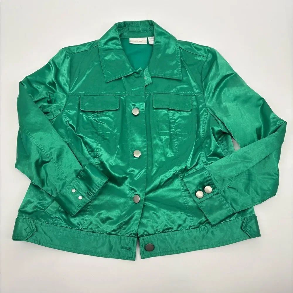 Chicos | emerald Green Satin truckerJacket